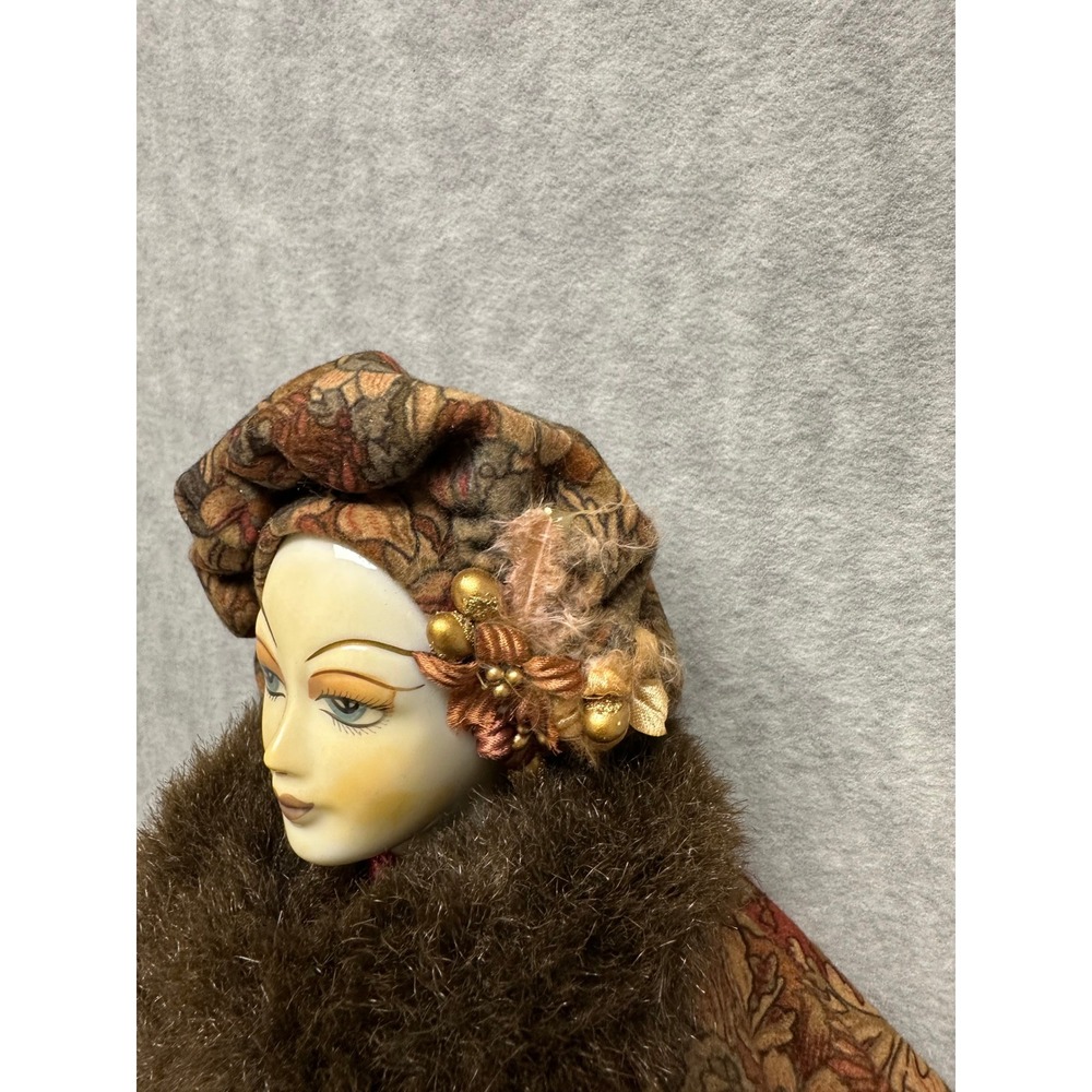 Vintage Porcelain Harlequin Doll Burgundy Satin Faux Fur Art Deco Pierrot - Picture 12 of 15